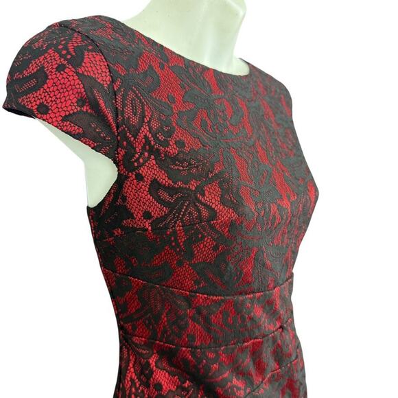 Alyx Petite Red Black Lace Cocktail Party Knee Length Sheath Cap Sleeve Dress 6 - Picture 4 of 16